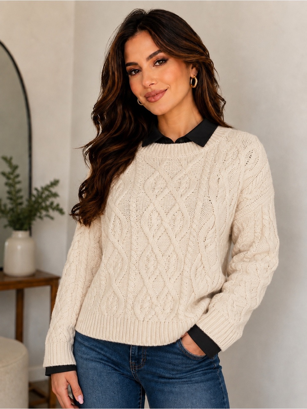 Lucky Brand Mixed Cable Crew Pullover Sweater Oatmeal Cream X-S